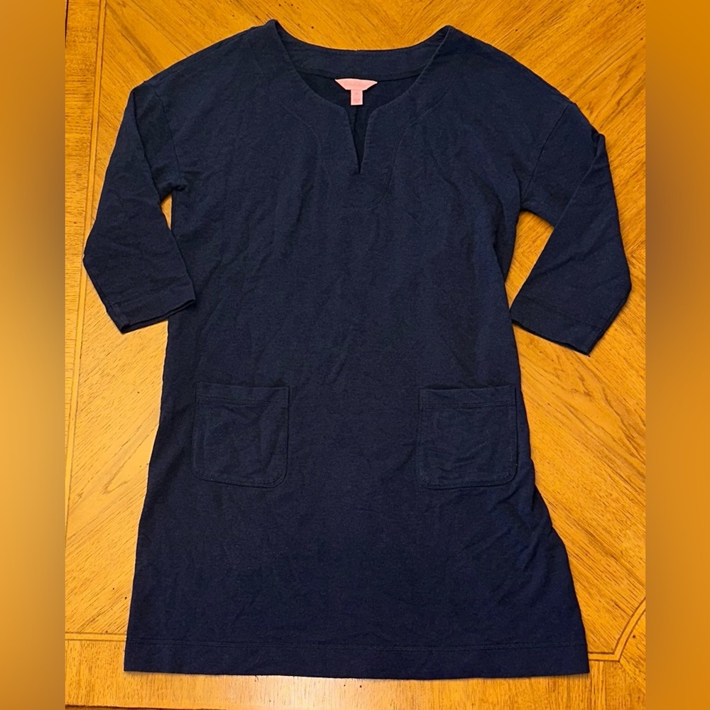 LILLY PULITZER JOYCE DRESS MEDIUM NAVY BLUE FRENCH TERRY SHIRT DRESS UPF50+